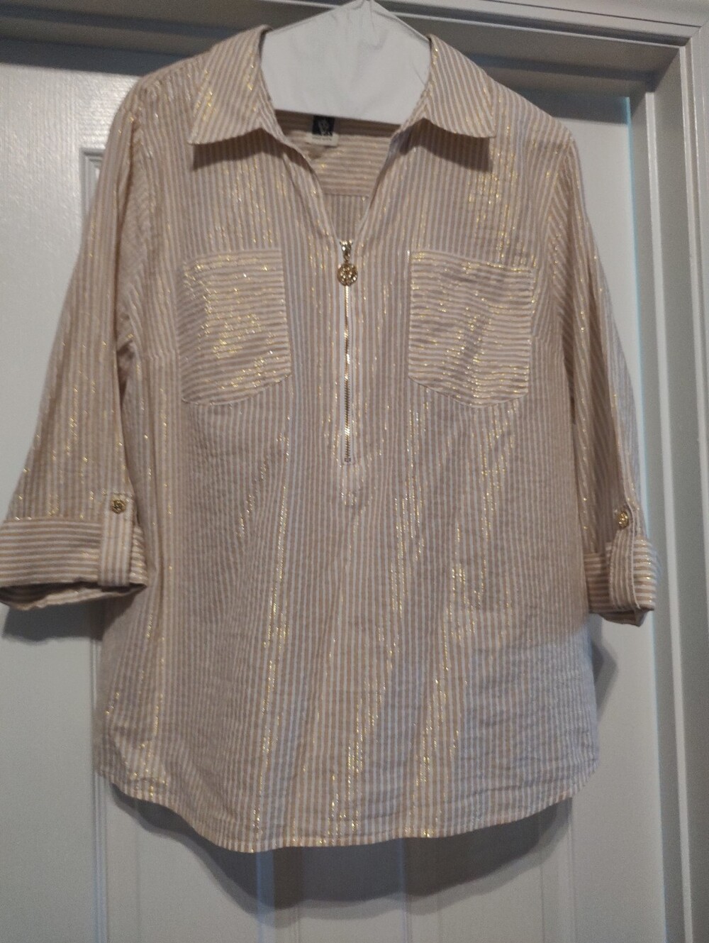 Anne Klein Metallic Stripe Button-Sleeve Tunic Top